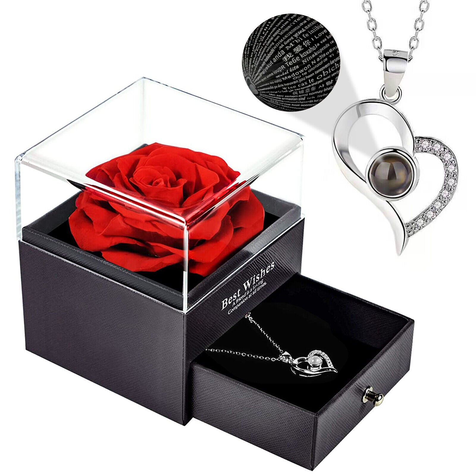 Eternal Preserved Real Rose Gift Box with Necklace I Love You in 100 Languages