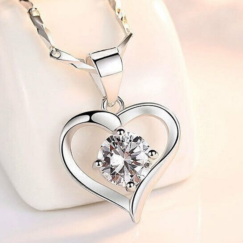 925 Sterling Silver Crystal Heart Pendant Chain Necklace Jewellery Women Gift UK