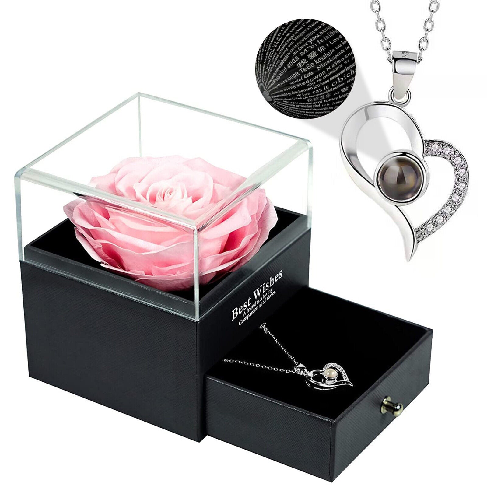 Eternal Preserved Real Rose Gift Box with Necklace I Love You in 100 Languages