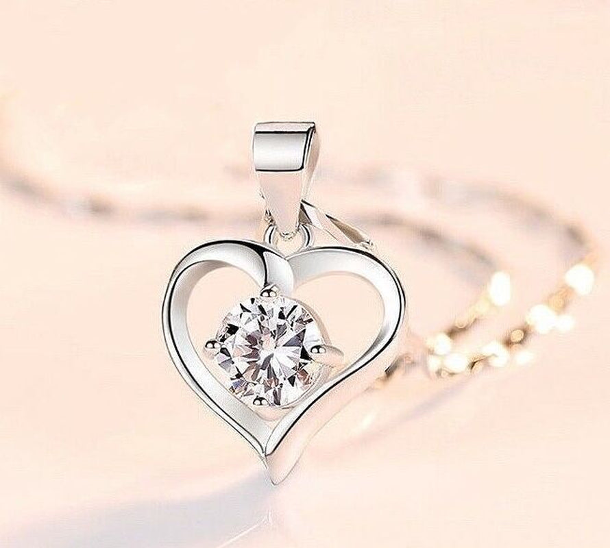 925 Sterling Silver Crystal Heart Pendant Chain Necklace Jewellery Women Gift UK