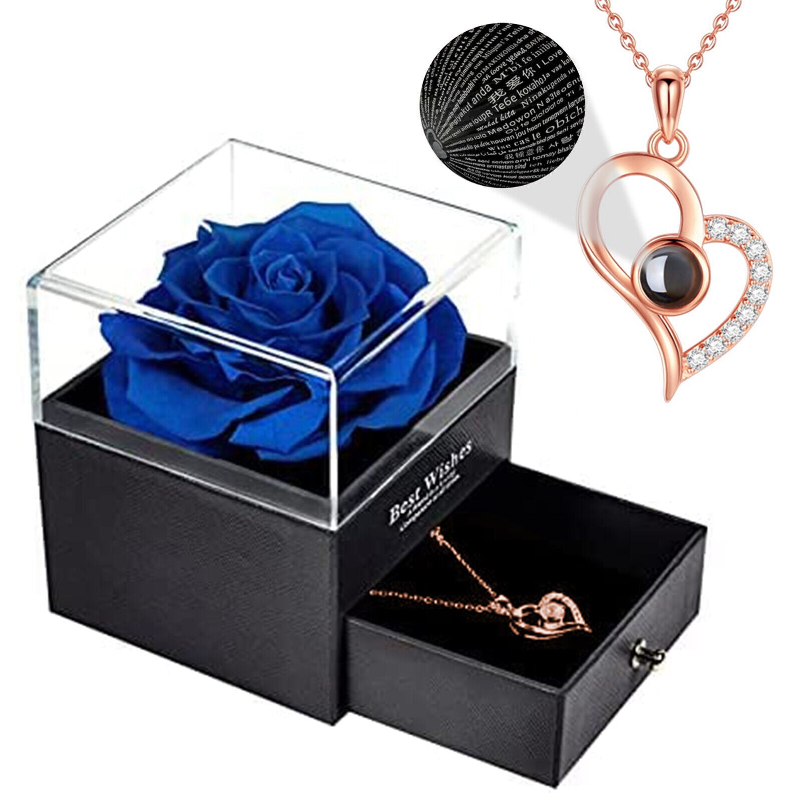 Eternal Preserved Real Rose Gift Box with Necklace I Love You in 100 Languages